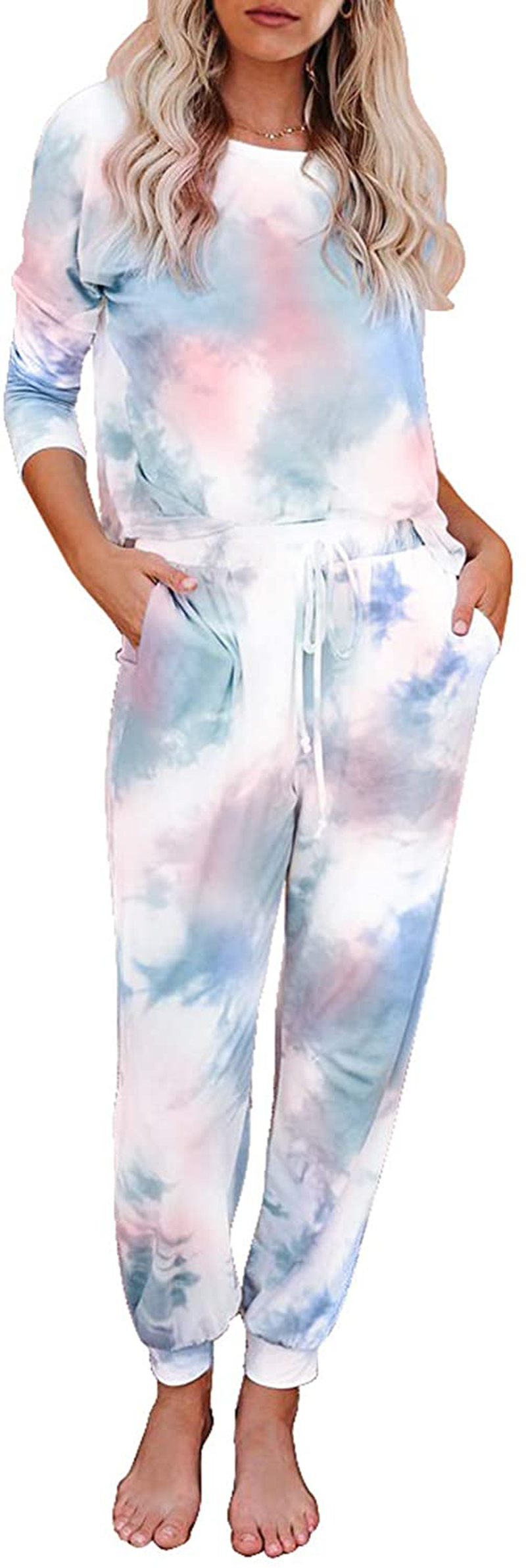 KIRUNDO Women’s Tie Dye Pajamas Set Long Sleeves Jogger PJ Sets Two Pieces Round Neck Loungewear Nightwear Sleepwear Apparel & Accessories > Clothing > Sleepwear & Loungewear > Pajamas KIRUNDO Multi X-Large