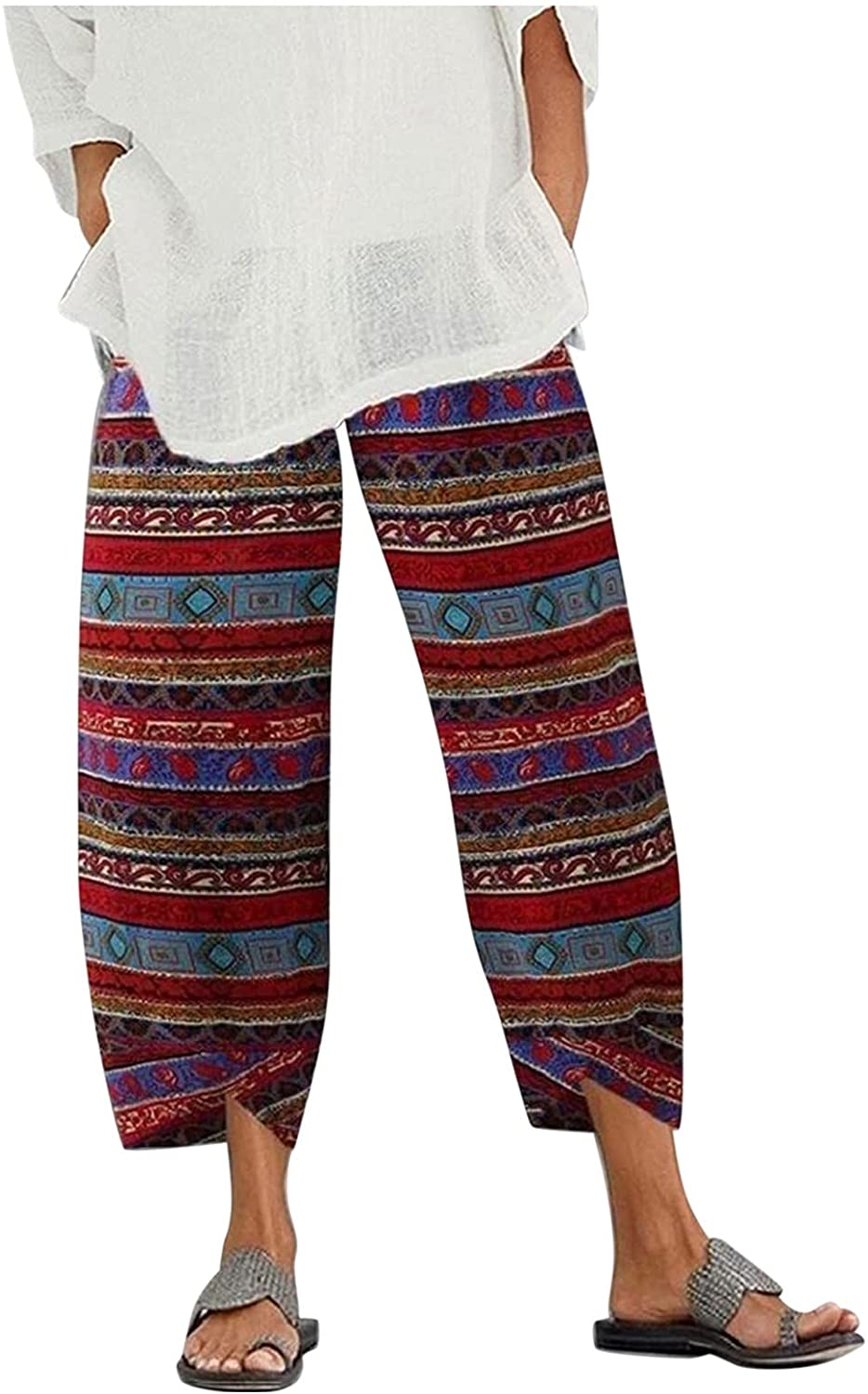 Burband Womens Thai Pants Bohemian Yoga High Waist Harem Pants Flowy Floral Print Wide Leg Palazzo Lounge Trousers Apparel & Accessories > Clothing > Underwear & Socks > Shapewear Burband Red Large