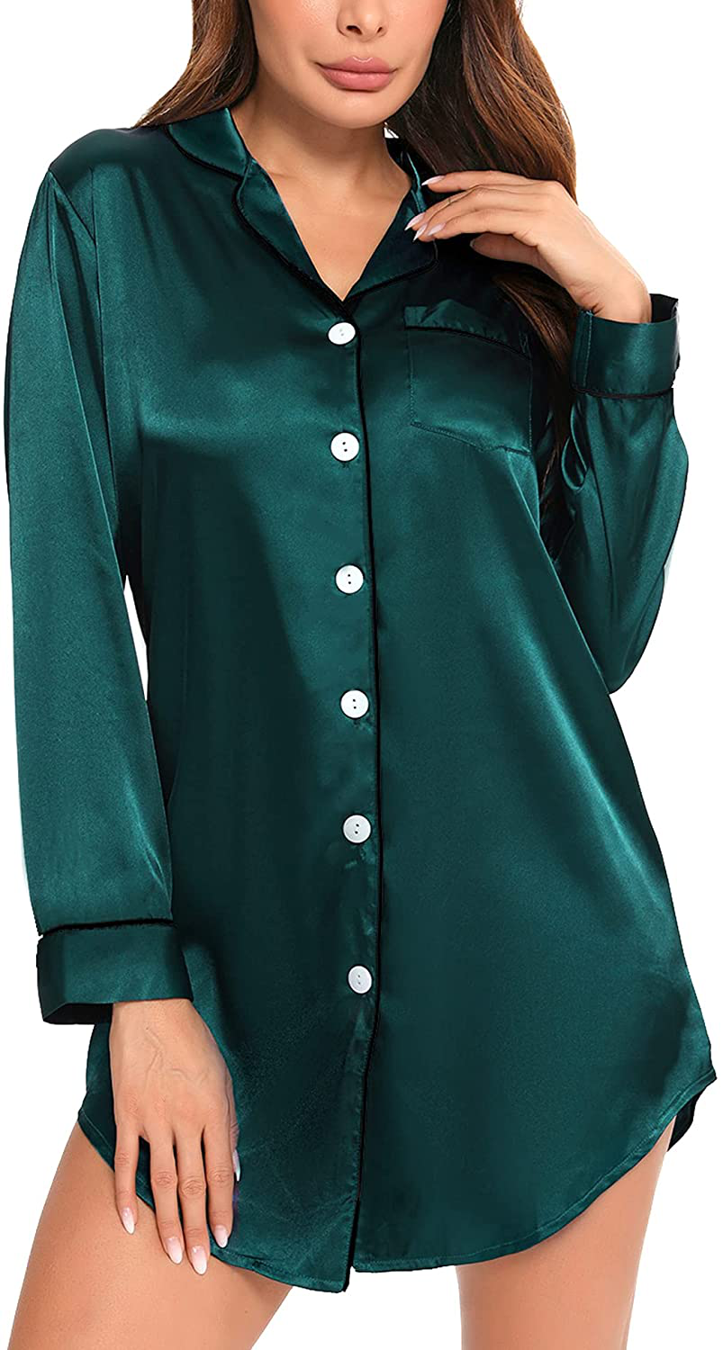 SWOMOG Women'S Satin Sleep Shirt Long Sleeve Sleepwear Silk Nightshirt Button down Pajama Top Apparel & Accessories > Clothing > Sleepwear & Loungewear > Nightgowns Kylie Max