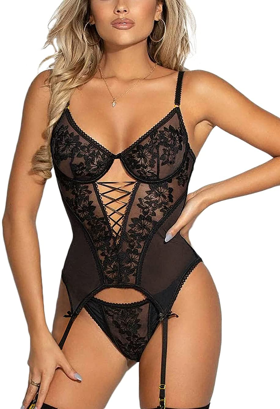 Kaei&Shi Lace up Plunge, Cutout Back, Corset Bustier Garter Lingerie Set Apparel & Accessories > Clothing > Underwear & Socks > Lingerie Kaei&Shi Black 0-2