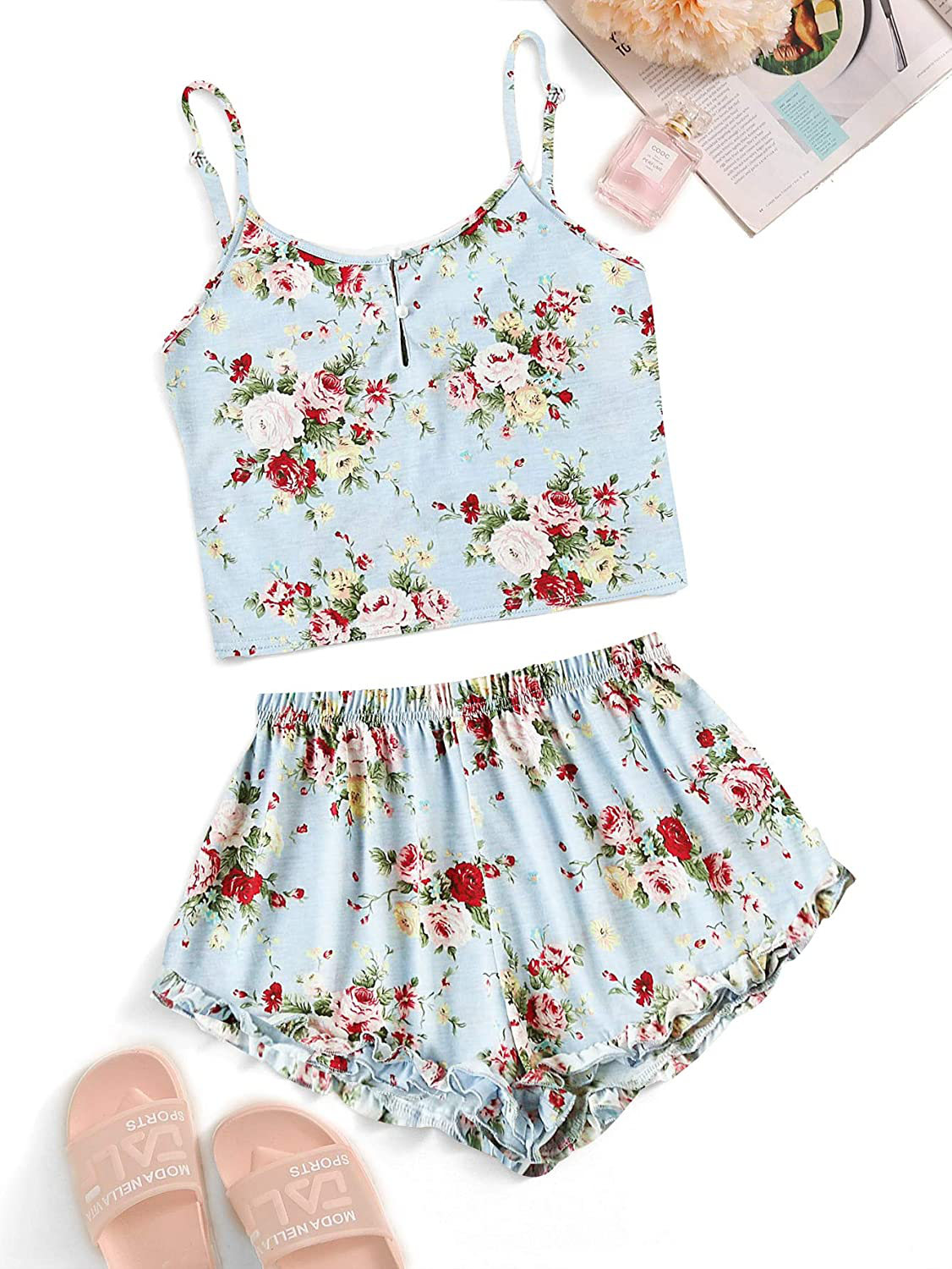 Shein Women'S Summer Floral Print Cami Top and Shorts Pajamas Set Apparel & Accessories > Clothing > Sleepwear & Loungewear Kylie Max