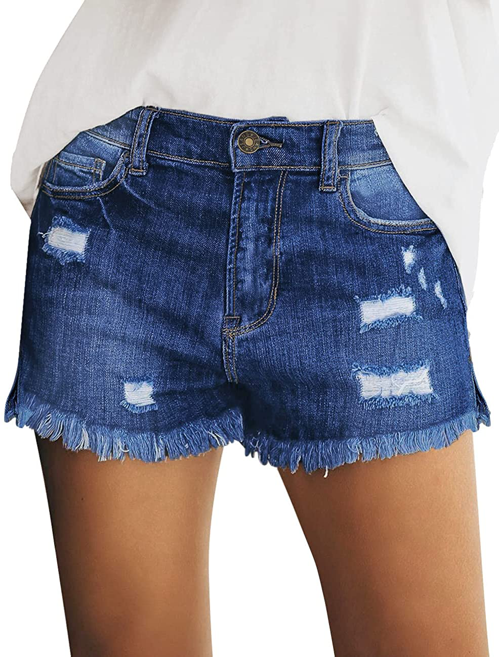 Luvamia Women'S Casual Mid Rise Denim Shorts Stretch Ripped Raw Hem Jean Shorts Apparel & Accessories > Clothing > Shorts Kylie Max