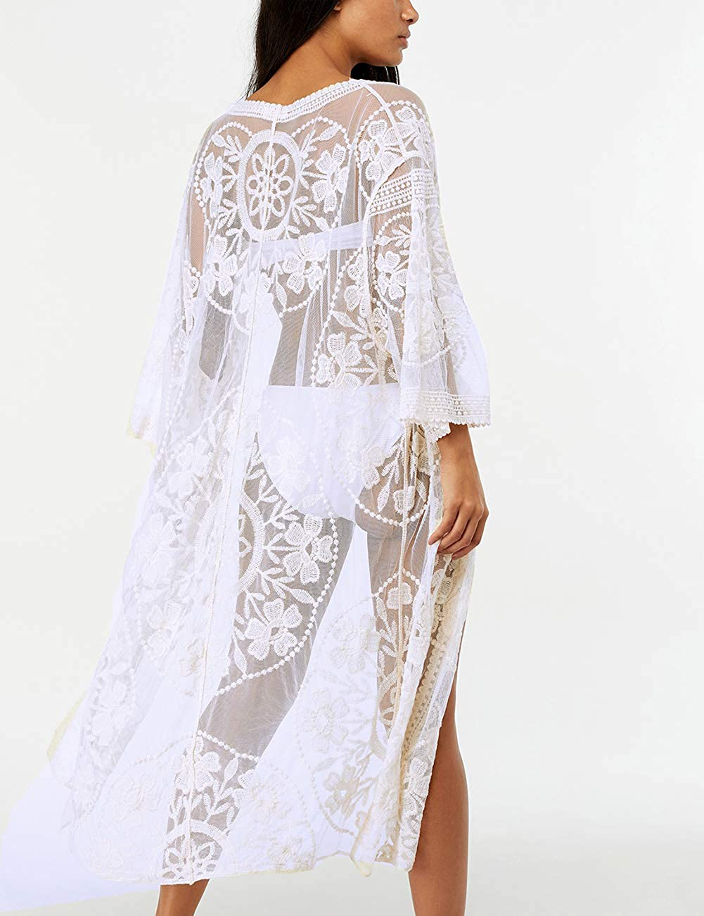 Bsubseach Women Sexy Lace Crochet Open Front Swimsuit Beach Long Kimono Cover Ups Apparel & Accessories > Clothing > Swimwear Kylie Max