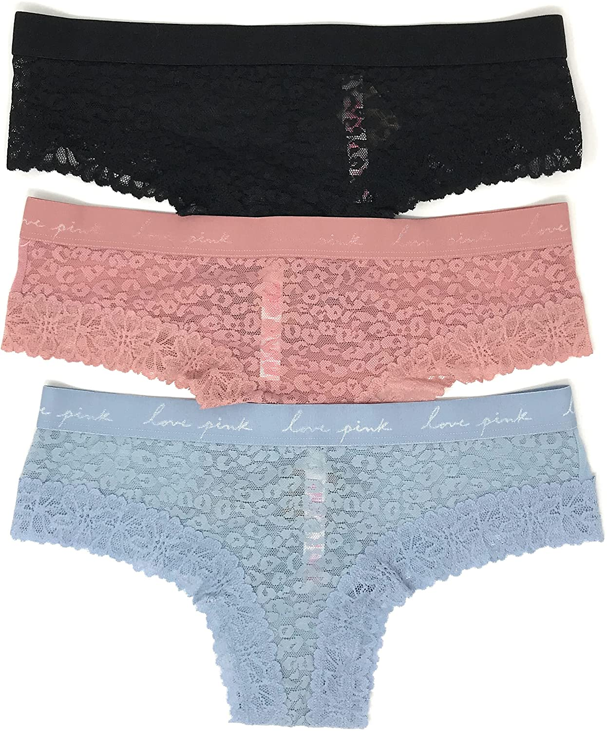 Victoria'S Secret Pink Cheekster Panty Set of 3 Victoria's Secret Lace Black / Damsel Pink / Lt Teal Small