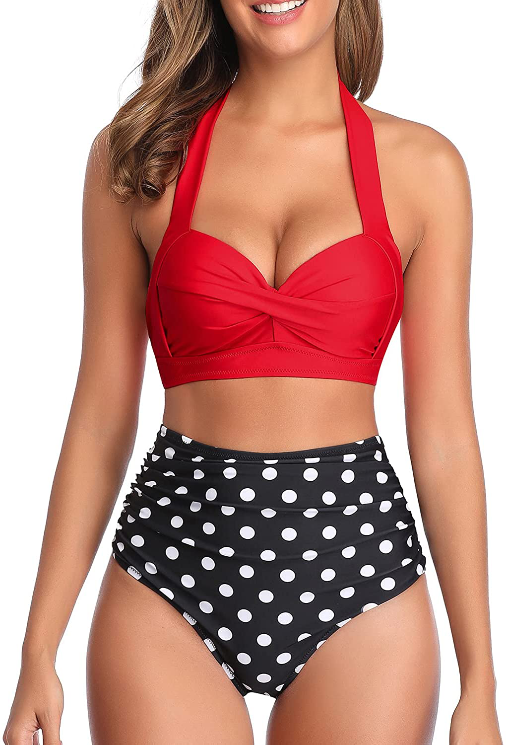 Tempt Me Women Vintage Swimsuit Two Piece Retro Halter Ruched High Waist Bikini Apparel & Accessories > Clothing > Swimwear KYLIE MAX