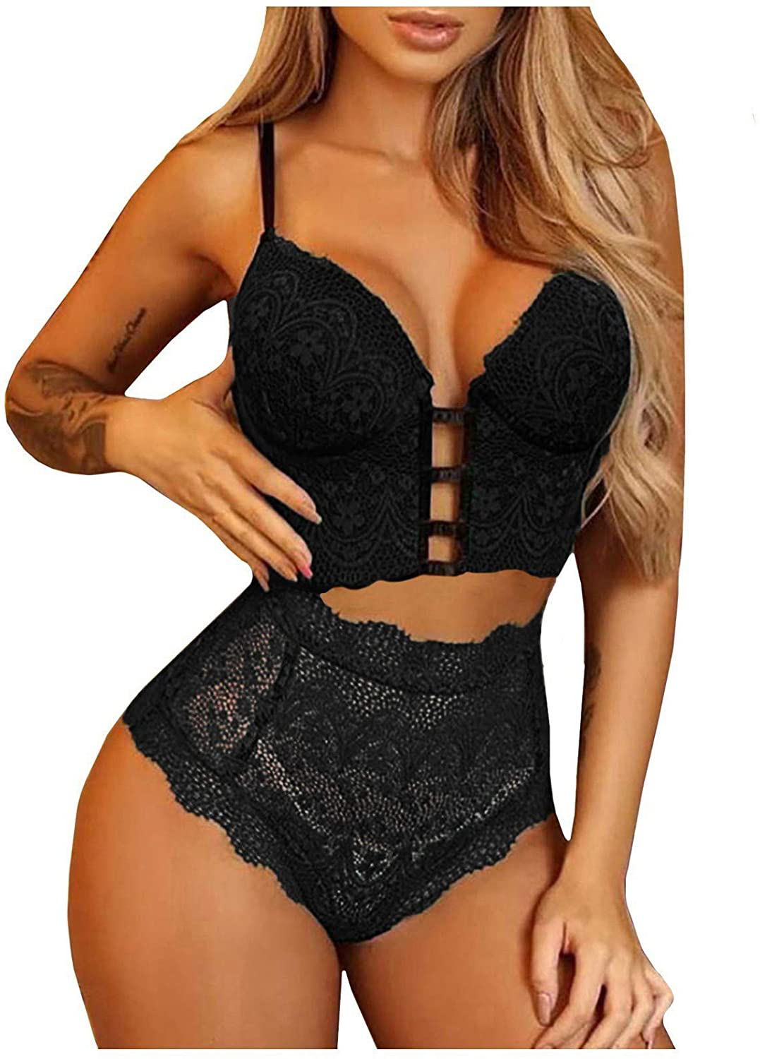 MOOKO Lingerie for Women Plus Size Lace Lingerie Sets Chemise Sleepwear Sexy Babydoll Mini Teddy Bodysuit Nightgown Apparel & Accessories > Clothing > Underwear & Socks > Lingerie MOOKO A-black Large