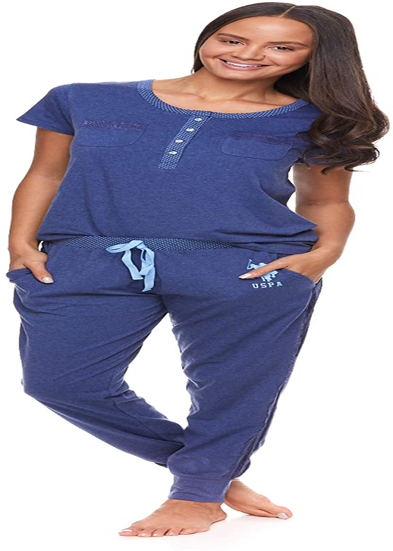 U.S. Polo Assn. Womens Pajama Set with Pockets - Short Sleeve Shirt and Pajama Pants Pj Set Apparel & Accessories > Clothing > Sleepwear & Loungewear > Pajamas U.S. Polo Assn. Blue Depth Heather Medium