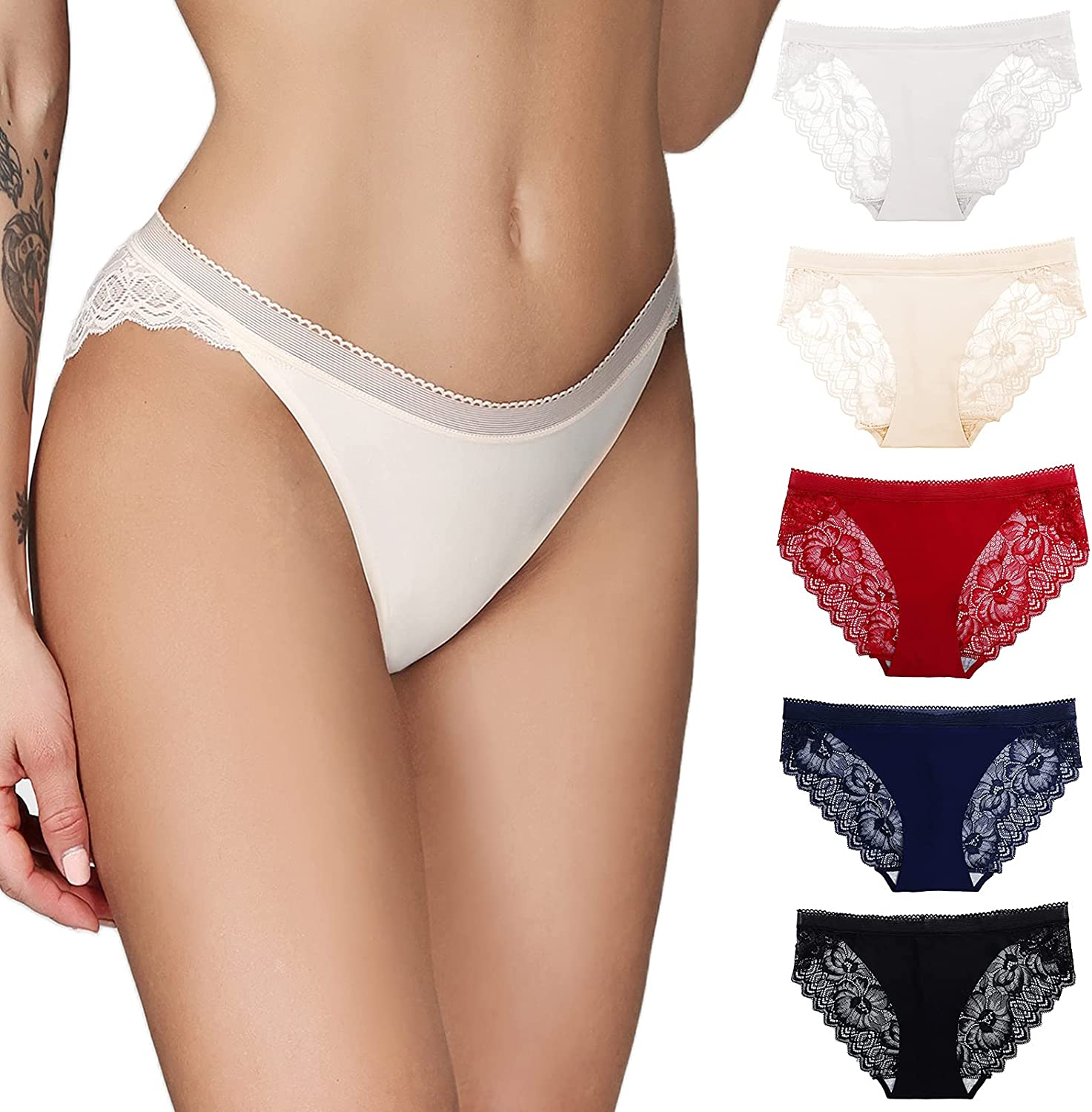 Talanes Women’S High Waisted Lace Underwear Sexy, Ladies Cheeky Lacy Panties Briefs , Soft Full Coverage Panty Multipack  Talanes Low Rise-white/Skin/Wine Red/Navy Blue/Black X-Large