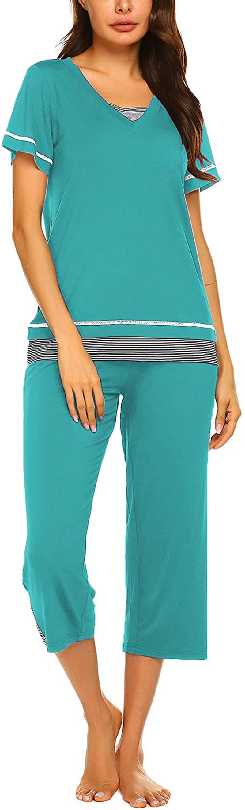 Ekouaer Women's Pajamas Set Soft V Neck Striped Sleepwear Top and Capri Pj Lounge Sets Apparel & Accessories > Clothing > Sleepwear & Loungewear > Pajamas Ekouaer Aqua Green Medium