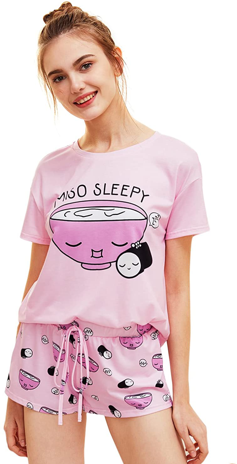 DIDK Women's Cute Cartoon Print Tee and Shorts Pajama Set Apparel & Accessories > Clothing > Sleepwear & Loungewear > Pajamas DIDK Miso Pink Medium