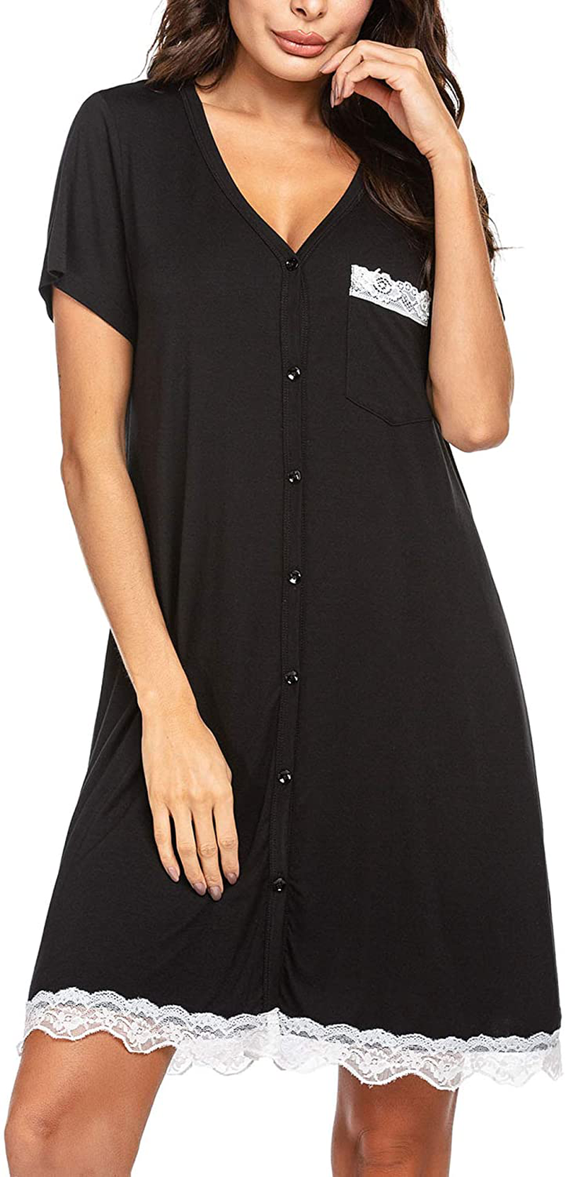 Ekouaer Women'S Nightgown Striped Tee Short Sleeve Cotton Sleep Nightshirt Button down Pajama Dress S-XXXL Apparel & Accessories > Clothing > Sleepwear & Loungewear > Nightgowns Kylie Max