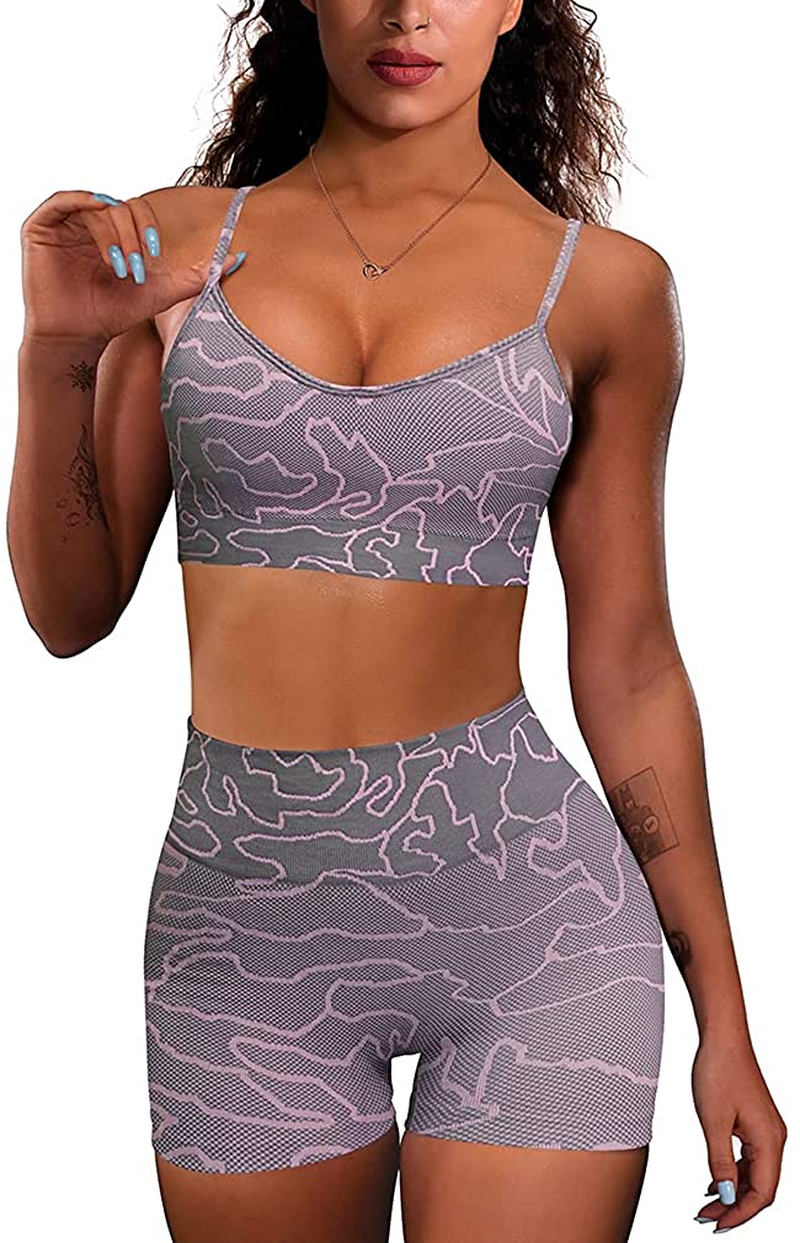 OQQ Yoga Outfit for Women Seamless 2 Piece Workout Gym High Waist Leggings with Sport Bra Set Apparel & Accessories > Clothing > Underwear & Socks > Lingerie HZSN D: Wave_greypink Medium