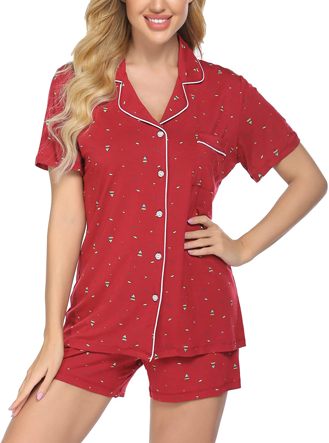 Ekouaer Pajamas Set Short Sleeve Sleepwear Womens Button Down Nightwear Soft Pj Lounge Sets XS-XXL Apparel & Accessories > Clothing > Sleepwear & Loungewear > Pajamas Ekouaer Pat1-christmas Tree Large