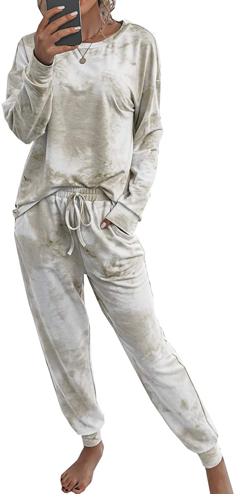 PRETTYGARDEN Women’s Tie Dye Two Piece Pajamas Set Long Sleeve Sweatshirt with Long Pants Sleepwear Apparel & Accessories > Clothing > Sleepwear & Loungewear > Pajamas PRETTYGARDEN Khaki Medium