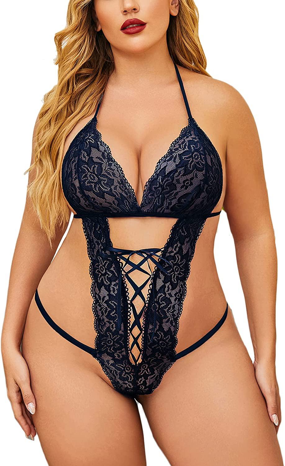 Avidlove Women Deep V Halter Lingerie Teddy One Piece Babydoll Lace Mini Bodysuit Apparel & Accessories > Clothing > Underwear & Socks > Lingerie Avidlove Navy Blue Medium