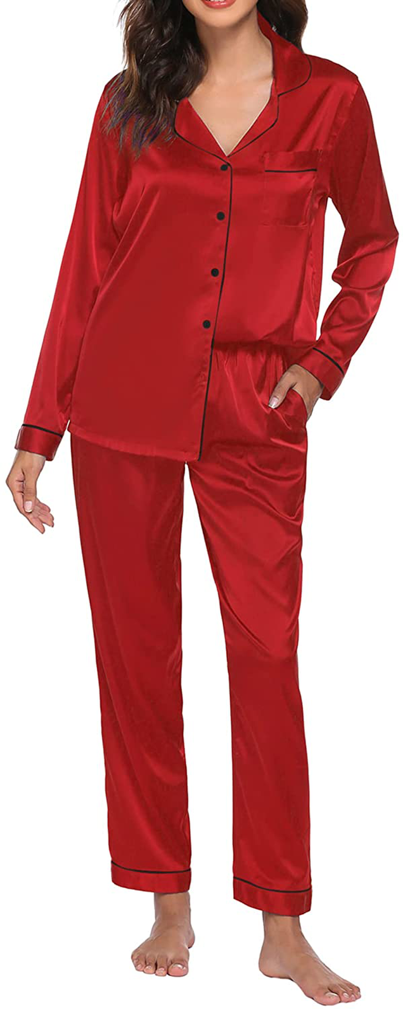 Ekouaer Satin Pajamas Women’S Long Sleeve Sleepwear Silk Soft Button down Loungewear Pjs Set S-XXL Apparel & Accessories > Clothing > Sleepwear & Loungewear > Pajamas Kylie Max