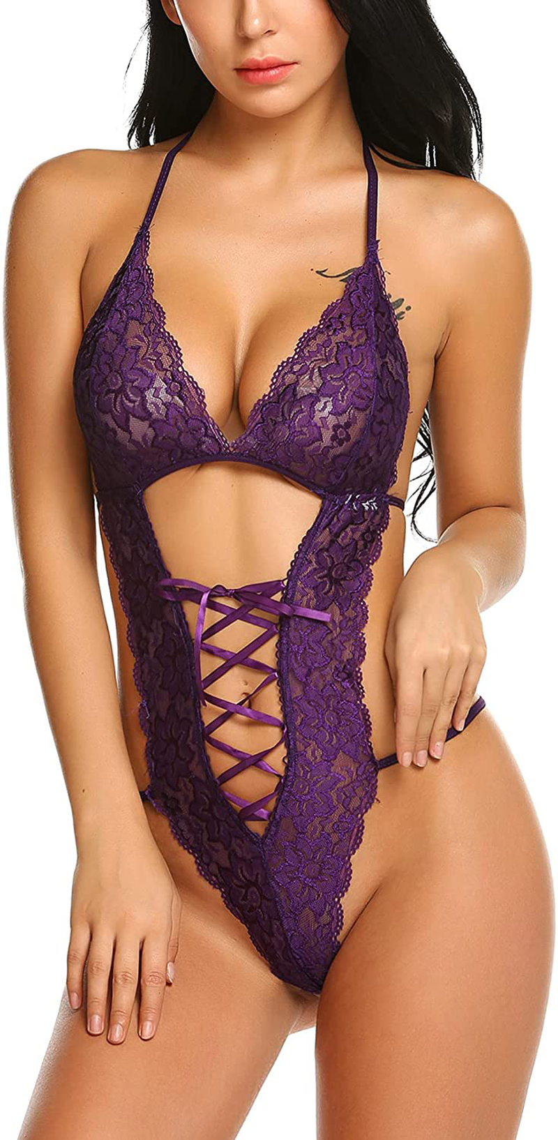 Avidlove Women Deep V Halter Lingerie Teddy One Piece Babydoll Lace Mini Bodysuit Apparel & Accessories > Clothing > Underwear & Socks > Lingerie Avidlove