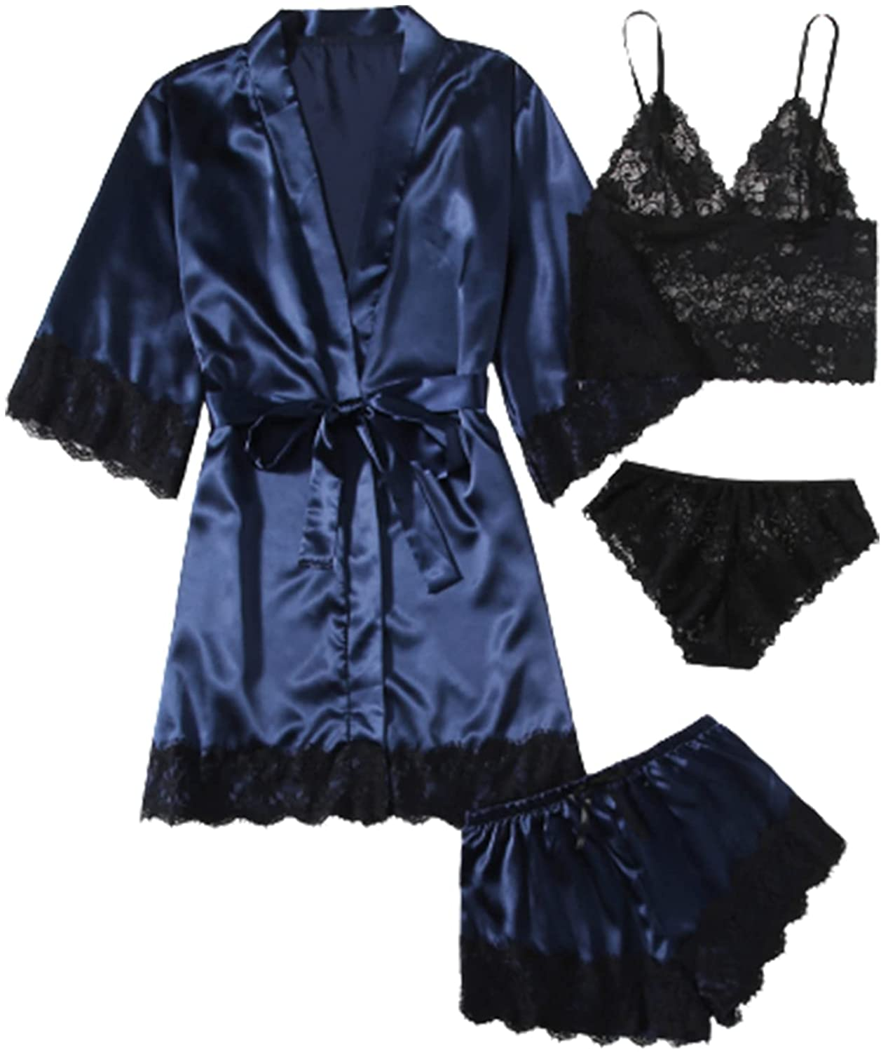 WDIRARA Women'S 4 Pieces Satin Floral Lace Cami Top Lingerie Pajama Set with Robe Apparel & Accessories > Clothing > Underwear & Socks > Lingerie WDIRARA Black and Navy Small