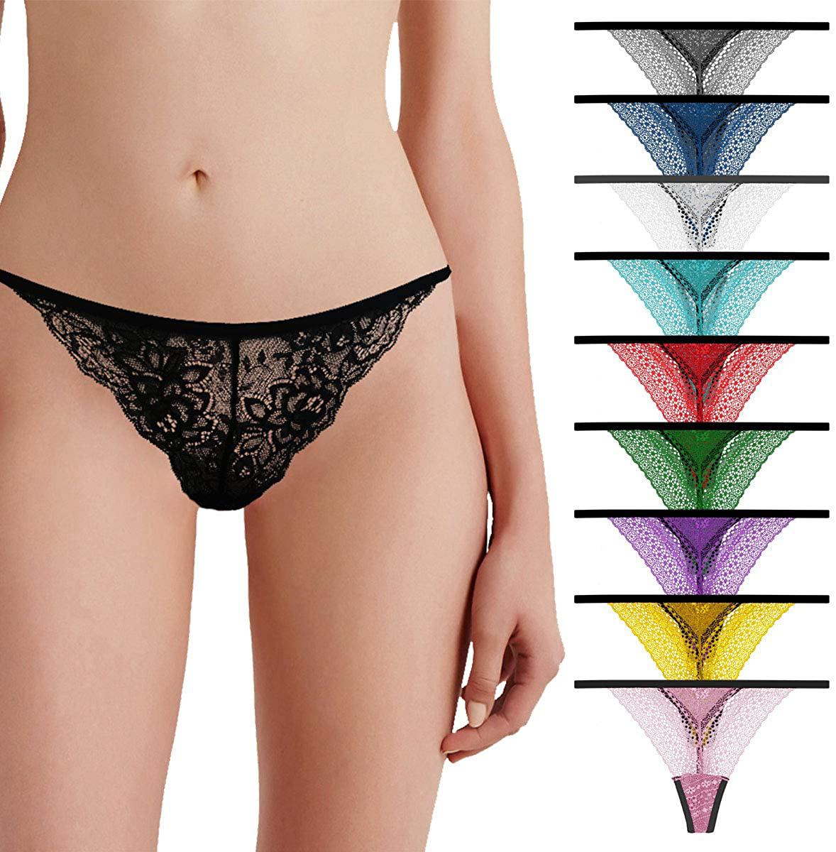 Women's Lace Thongs, T Back Low Waist See Through Panties Sexy Seamless V-Shape Design Lace Thongs for Women Apparel & Accessories > Clothing > Underwear & Socks > Underwear Delcroix Multicolored B - 10 Pack Medium
