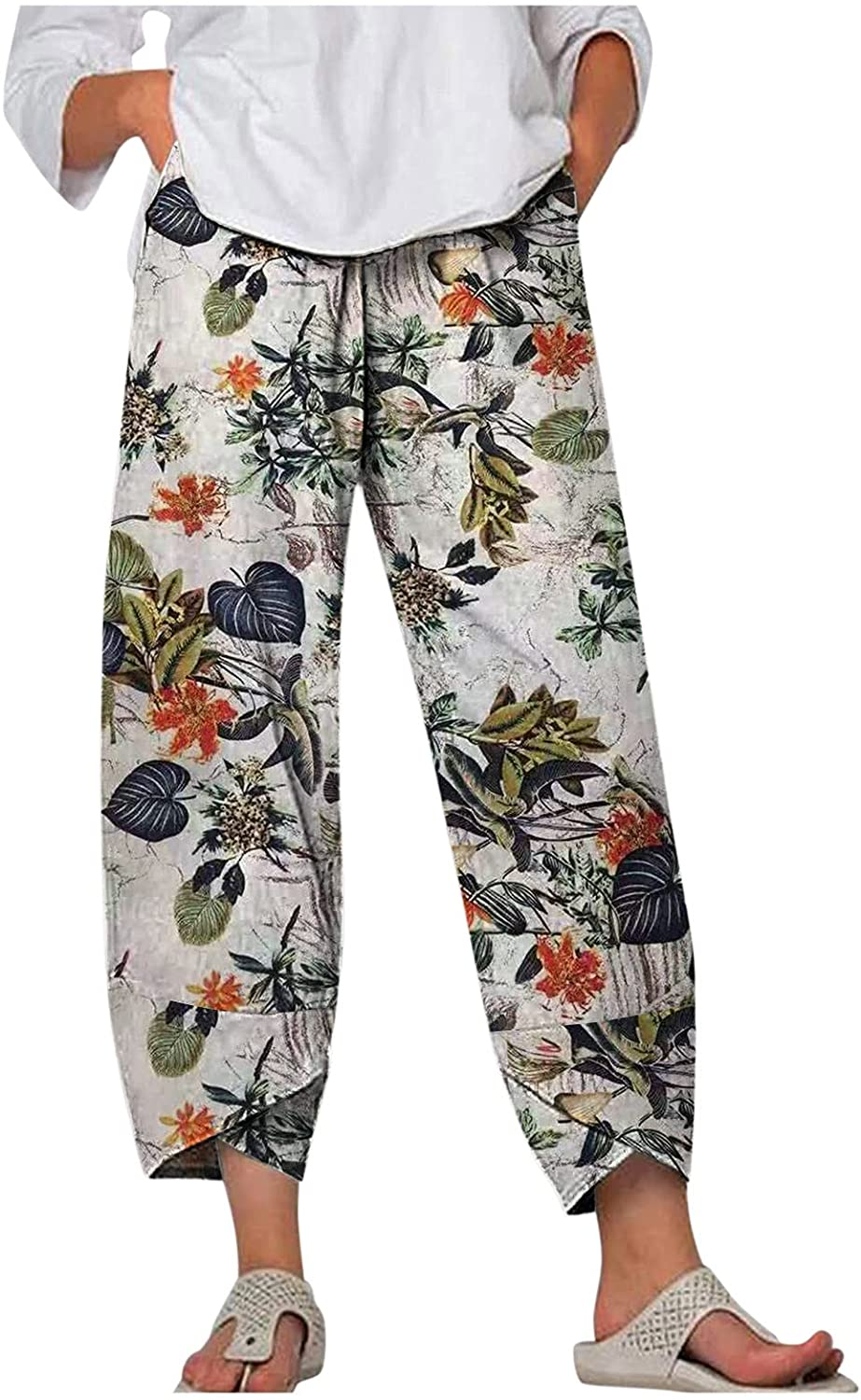 Burband Womens Floral Print Boho Yoga Pants Elephant Linen Harem Pants Wide Leg Work Trousers Palazzo Lounge Hippie Clothes Apparel & Accessories > Clothing > Underwear & Socks > Shapewear Burband Orange Small