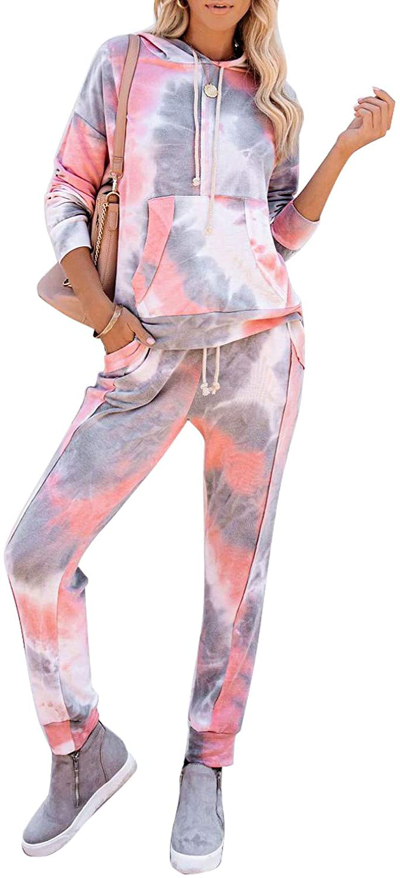 luvamia Women Tie Dye Pajama Sets Long Sleeve Tops and Pants PJ Sets Joggers Loungewear Sleepwear Apparel & Accessories > Clothing > Sleepwear & Loungewear > Pajamas KYLIE MAX X Hooded Grey XX-Large