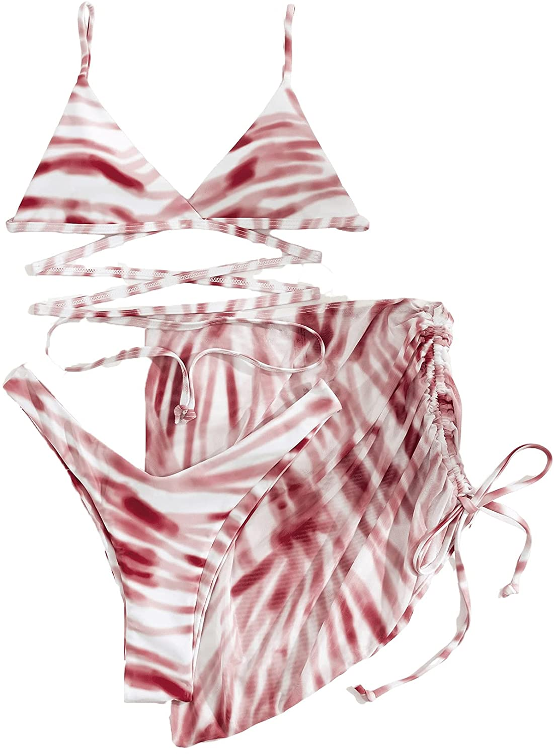 SOLY HUX Women'S Tie Dye Wrap Bikini Bathing Suits with Mesh Beach Skirt 3 Piece Swimsuits Apparel & Accessories > Clothing > Underwear & Socks > Lingerie KYLIE MAX Burgundy Tie Dye Large