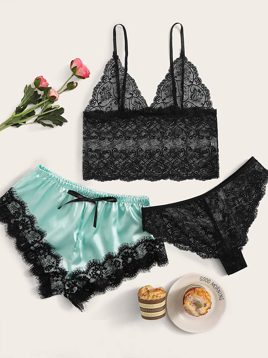 Sweatyrocks Women'S Lace Cami Top with Shorts with Panties 3 Piece Set Sexy Lingerie Pajama Set Sleepwear Apparel & Accessories > Clothing > Sleepwear & Loungewear Kylie Max