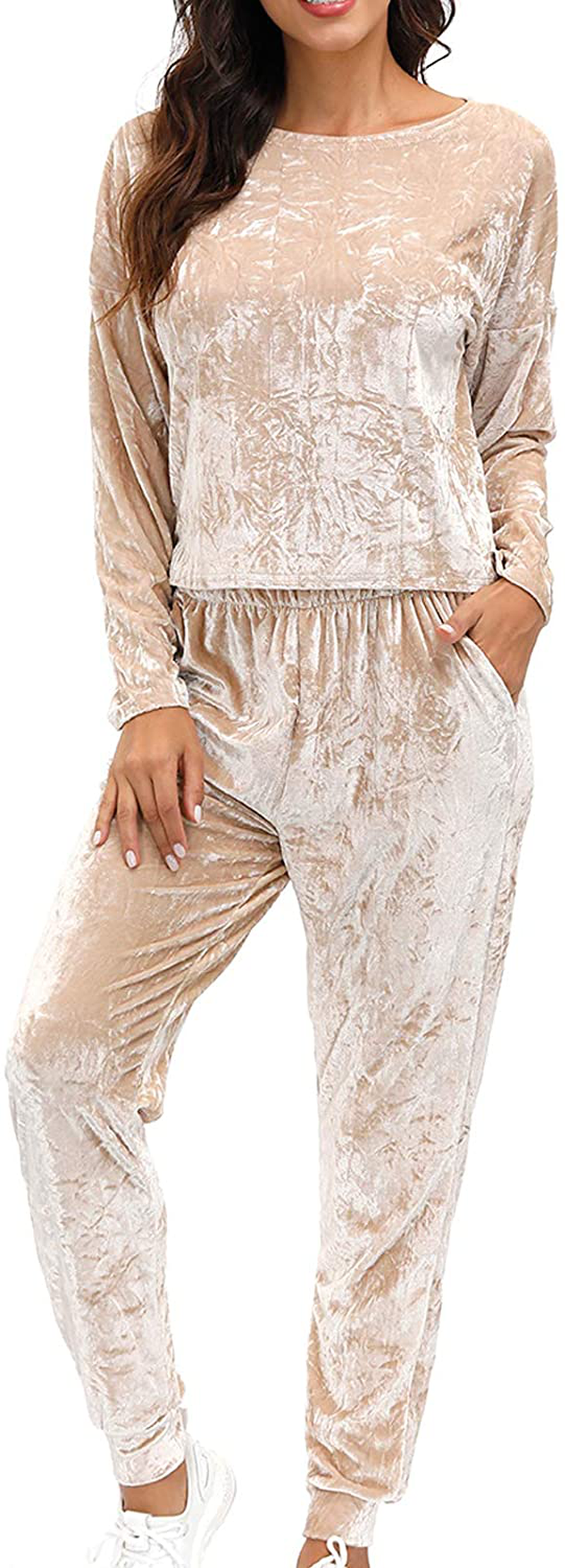 Velvet Lounge Set For Women - Wrinkle Solid Two Piece Loungewear Pajamas Tracksuit Sets Apparel & Accessories > Clothing > Sleepwear & Loungewear > Pajamas Lexiart Cream X-Large