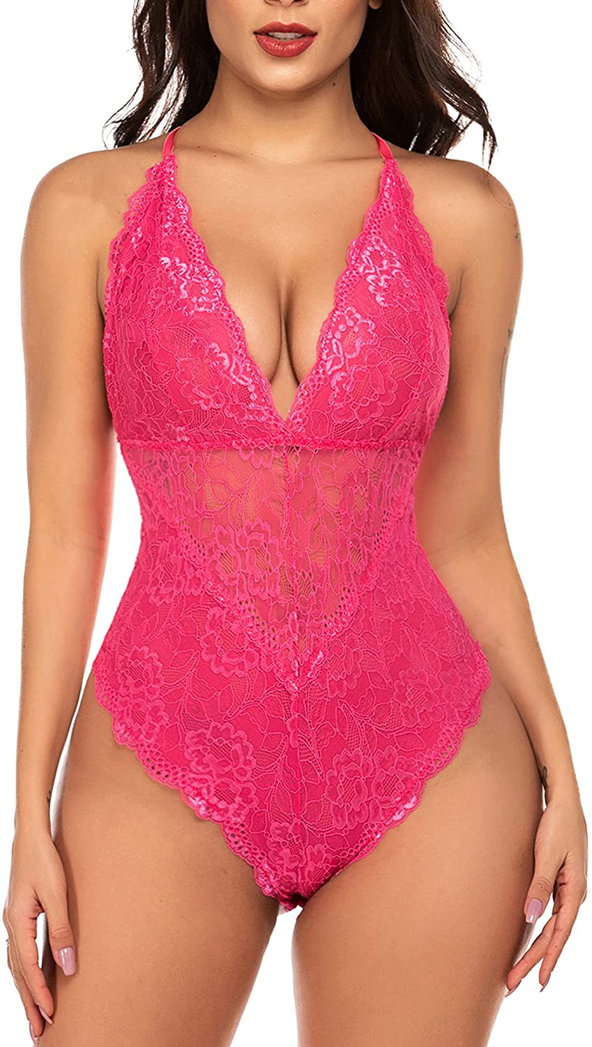 Avidlove Women Snap Crotch Lingerie Sexy Lace Bodysuit Deep V Teddy One Piece Lace Babydoll Apparel & Accessories > Clothing > Underwear & Socks > Lingerie Avidlove Pink-(with Snap Crotch) Large
