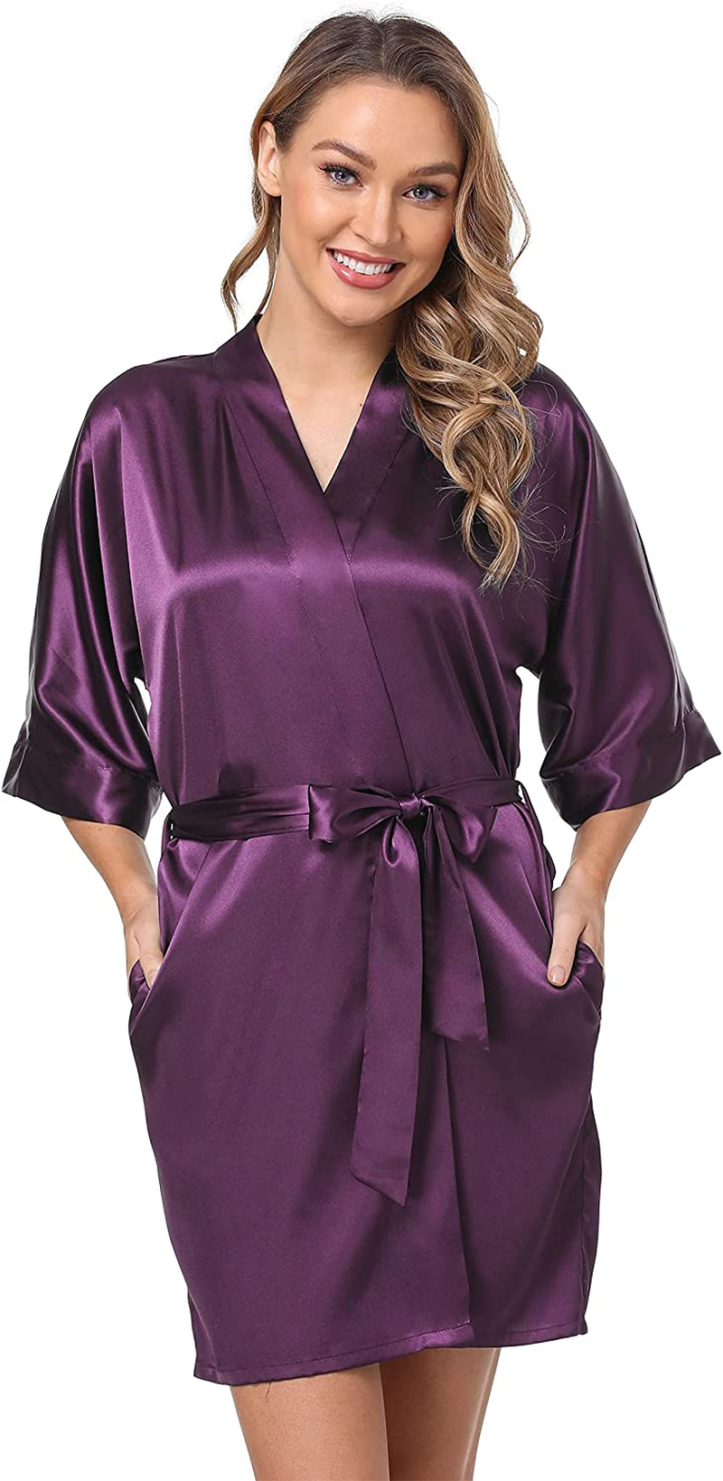 The Bund Women'S Short Robes Lace Bride Bridesmaids Sexy Bathrobe Satin Spa Robe Pure Color Apparel & Accessories > Clothing > Sleepwear & Loungewear > Robes The Bund Purplered Large