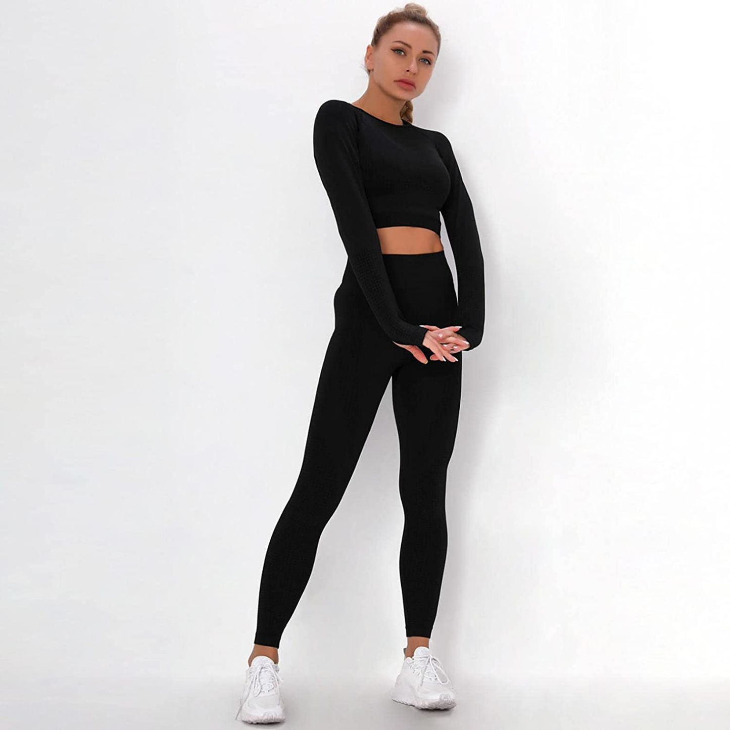 Burband Workout Lounge Sets for Women 2 Piece Outfits Solid Long Sleeve Crop Tops and Ribbed Seamless Leggings Gym Yoga Sets Apparel & Accessories > Clothing > Underwear & Socks > Shapewear Burband