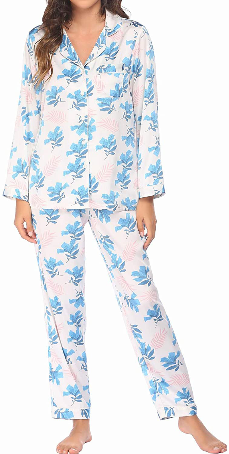 Ekouaer Satin Pajamas Women’S Long Sleeve Sleepwear Silk Soft Button down Loungewear Pjs Set S-XXL Apparel & Accessories > Clothing > Sleepwear & Loungewear > Pajamas Kylie Max