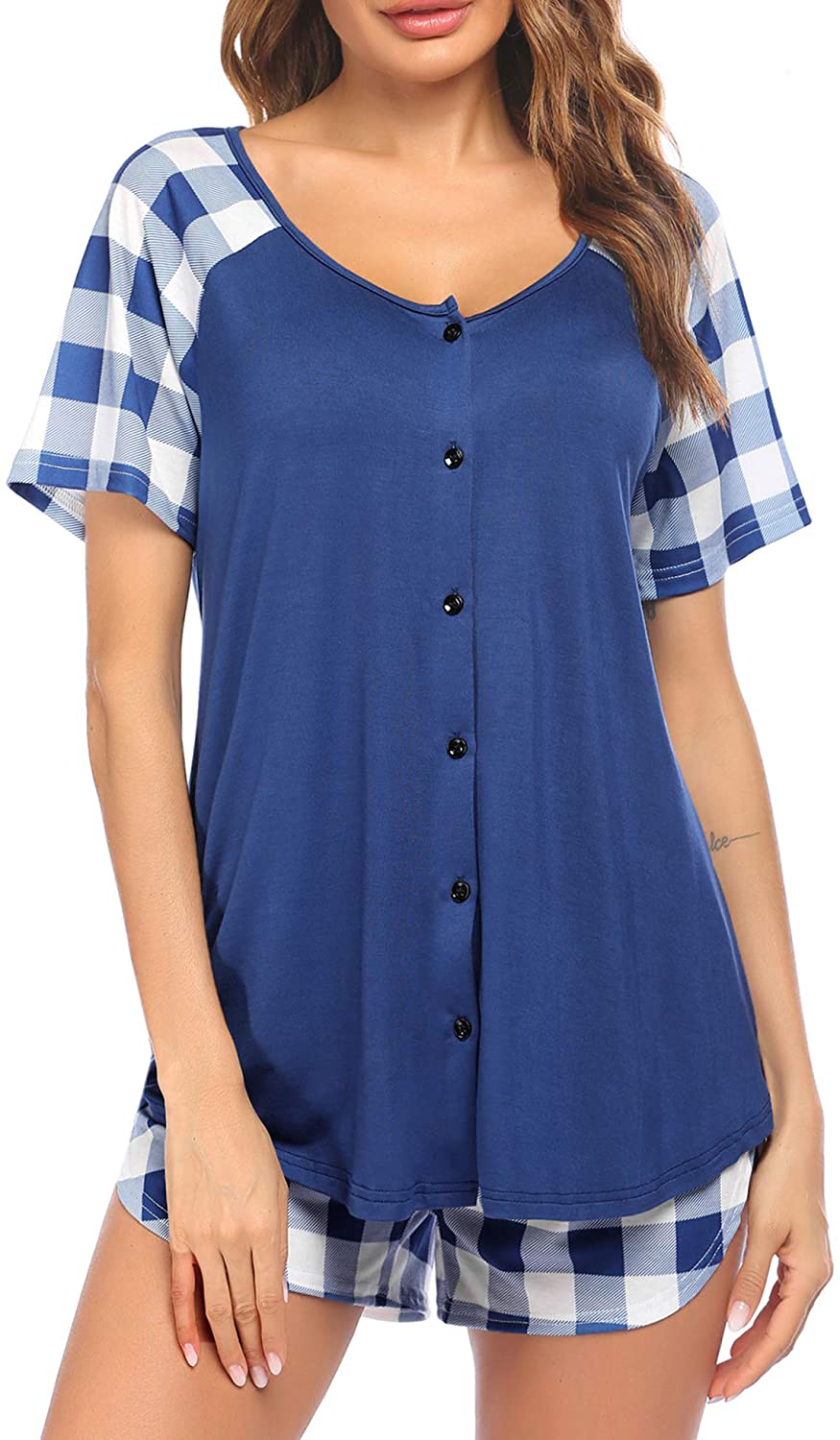 Ekouaer Women's Pajama Short Sleeve Sleepwear Soft Pj Set Top and Shorts Pajamas Set Apparel & Accessories > Clothing > Sleepwear & Loungewear > Pajamas Ekouaer Style 1_navy Plaid Large