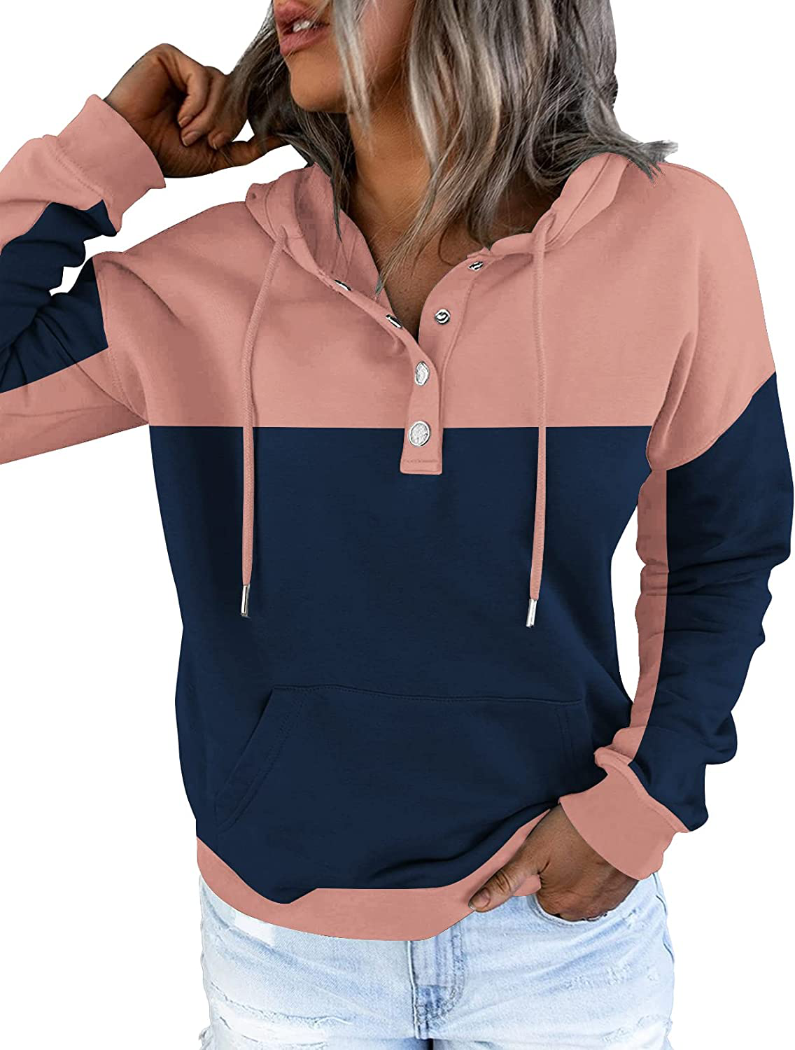 ETCYY Women'S Color Block Hoodies Tops Long Sleeve Casual Drawstring Button down Pullover Sweatshirt with Pocket Apparel & Accessories > Clothing > Activewear Kylie Max