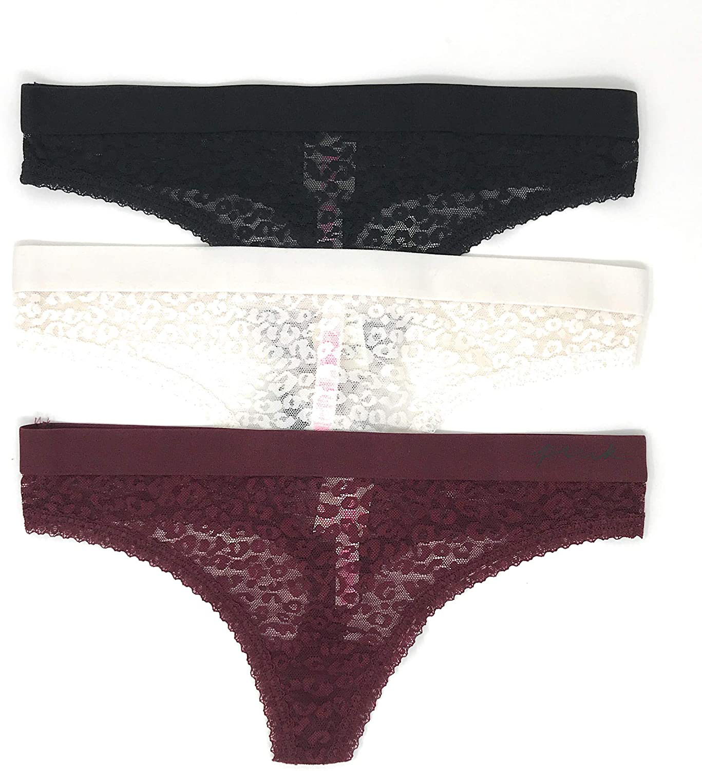Victoria's Secret PINK Thong Panty Set of 3 Apparel & Accessories > Clothing > Underwear & Socks > Underwear Victoria's Secret Lace Black / Cream / Ruby Medium