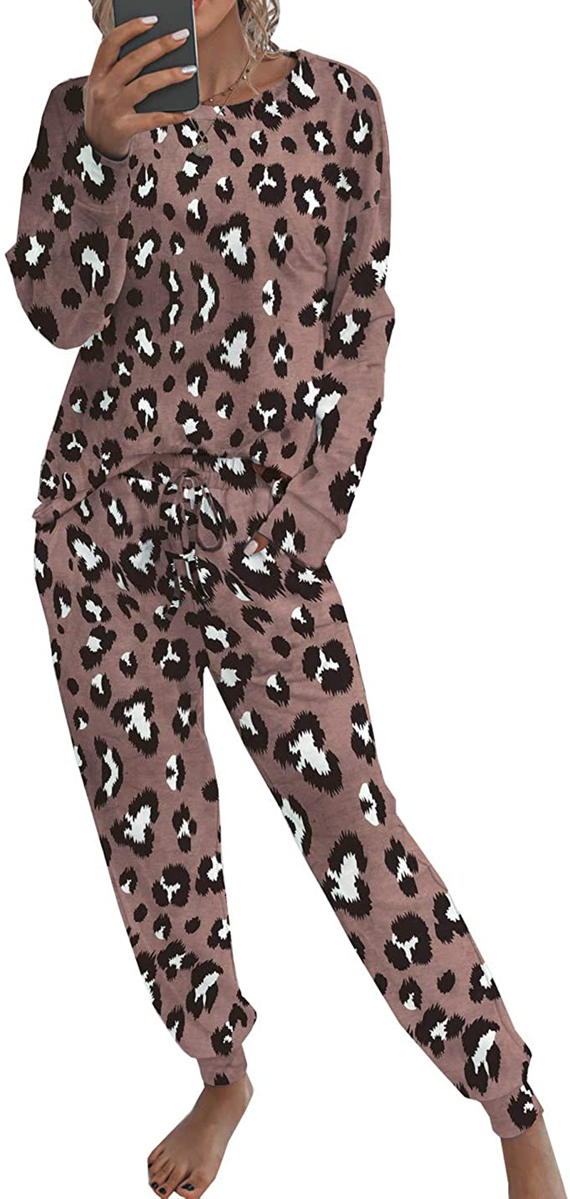 PRETTYGARDEN Women’s Tie Dye Two Piece Pajamas Set Long Sleeve Sweatshirt with Long Pants Sleepwear Apparel & Accessories > Clothing > Sleepwear & Loungewear > Pajamas PRETTYGARDEN Brown Small