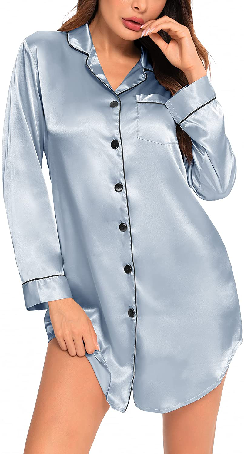 SWOMOG Women'S Satin Sleep Shirt Long Sleeve Sleepwear Silk Nightshirt Button down Pajama Top Apparel & Accessories > Clothing > Sleepwear & Loungewear > Nightgowns Kylie Max