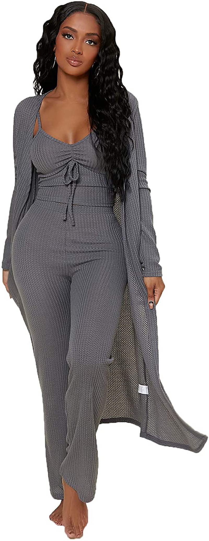 Shein Women'S Ruched Knot Bust Cami Top Long Pants Lounge Set with Long Sleeve Robe Apparel & Accessories > Clothing > Sleepwear & Loungewear Kylie Max