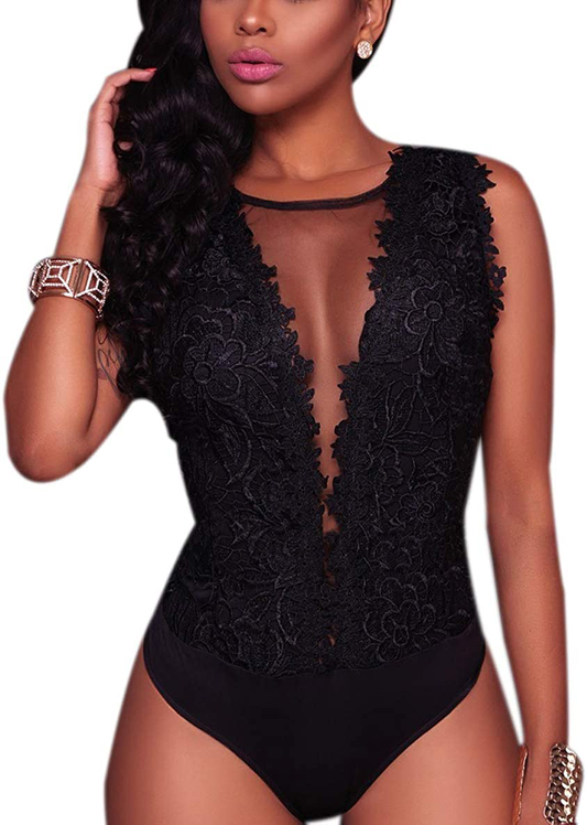 RARITYUS Women One Piece Sexy Lace Swimsuit Short Scoop Neck Jumpsuit Bodysuit See Through Mesh Teddies Apparel & Accessories > Clothing > Underwear & Socks > Lingerie RARITYUS Black Short Sleeve Large
