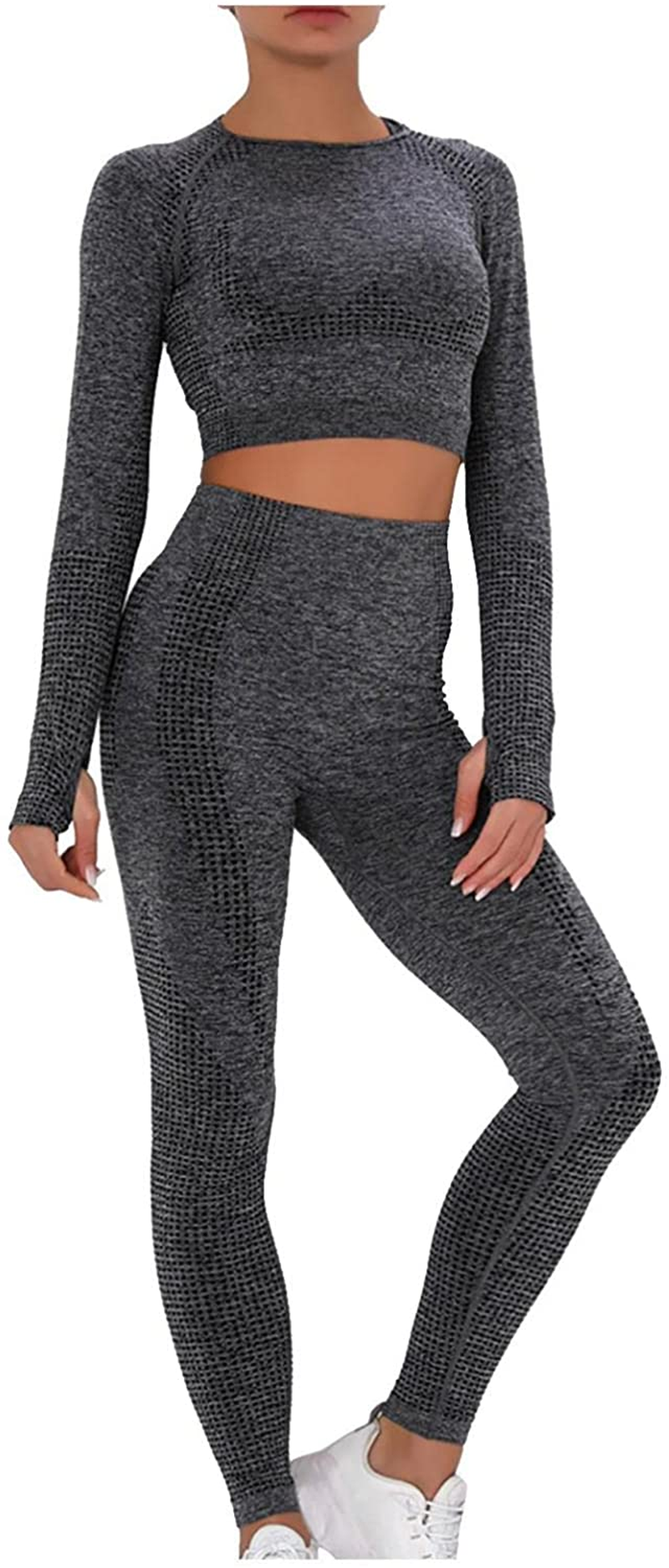Burband Workout Lounge Sets for Women 2 Piece Outfits Solid Long Sleeve Crop Tops and Ribbed Seamless Leggings Gym Yoga Sets Apparel & Accessories > Clothing > Underwear & Socks > Shapewear Burband Drak Gray Small