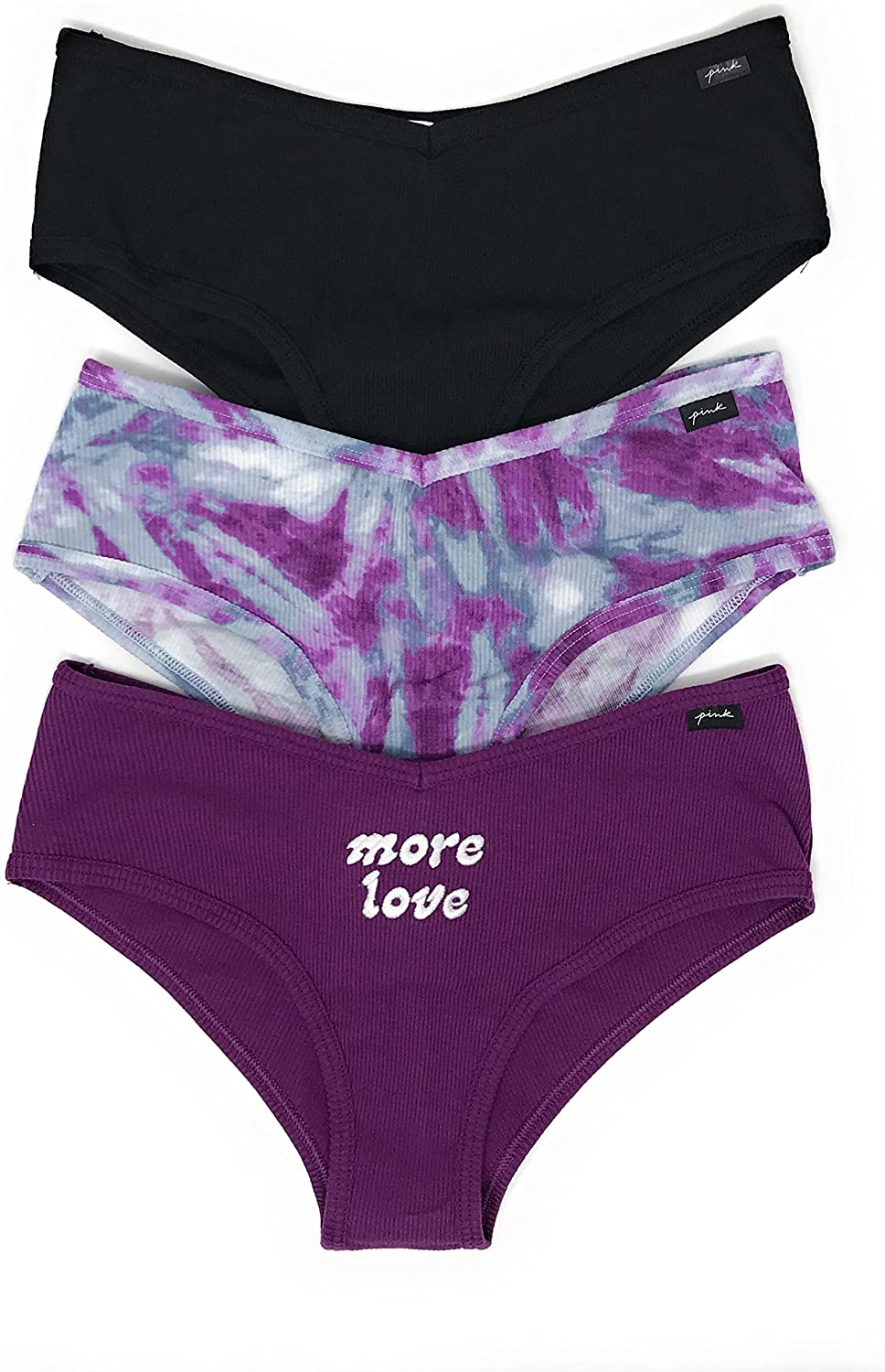 Victoria'S Secret Pink Cheekster Panty Set of 3 Victoria's Secret Ribbed Black / Purple Tie Dye / Violet Love Medium