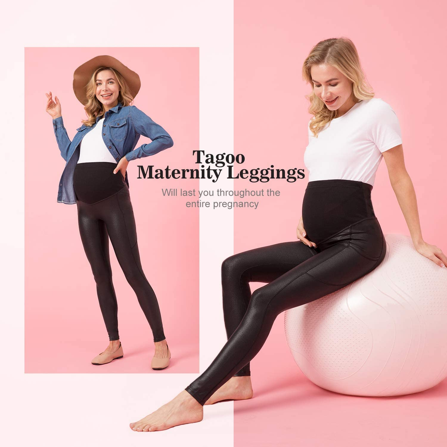 Tagoo Faux Leather Maternity Leggings over the Belly Pregnancy Workout Yoga Pants with Pockets Maternity Clothes Apparel & Accessories > Clothing > Underwear & Socks > Shapewear Tagoo