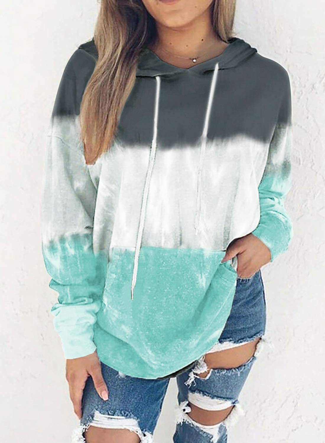 Eytino Women Hoodies Tops Tie Dye Printed Long Sleeve Drawstring Pullover Sweatshirts with Pocket(S-Xxl) Apparel & Accessories > Clothing > Activewear Kylie Max