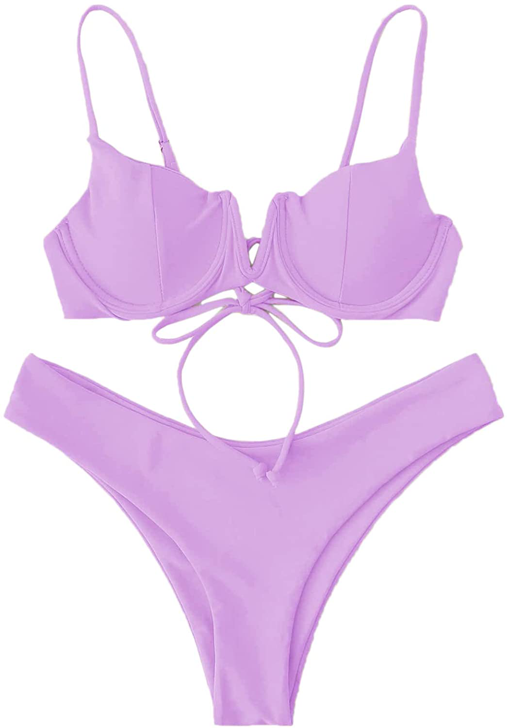 SweatyRocks Women's Sexy Bathing Suits Spaghetti Strap Floral Bikini Set Underwire Swimsuit Apparel & Accessories > Clothing > Swimwear SweatyRocks Purple-3 Small