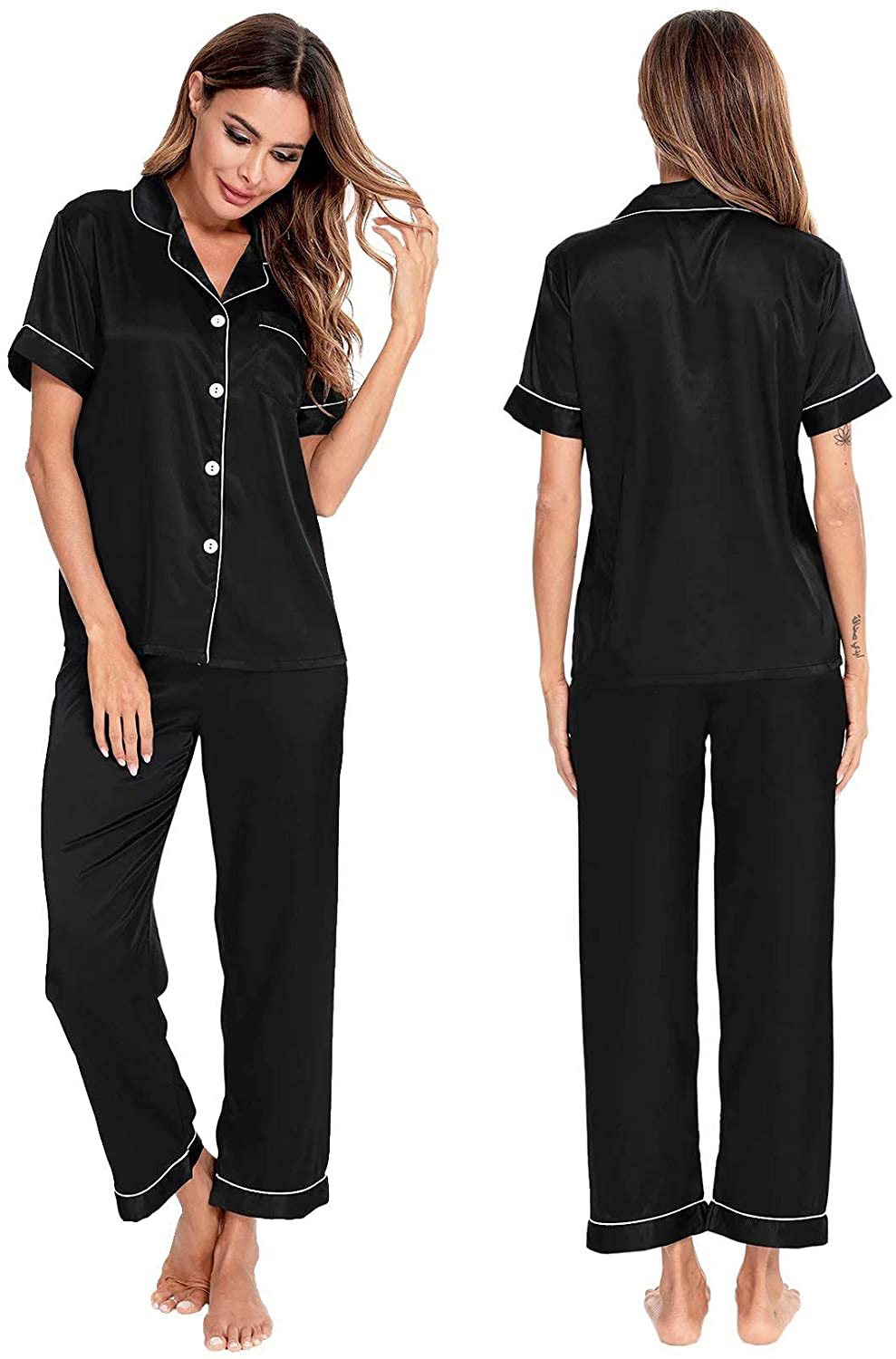 Lecgee Womens Silk Satin Pajamas Short Sleeve Loungewear Two-Piece Sleepwear Button-Down Pj Set Apparel & Accessories > Clothing > Sleepwear & Loungewear > Pajamas Kylie Max