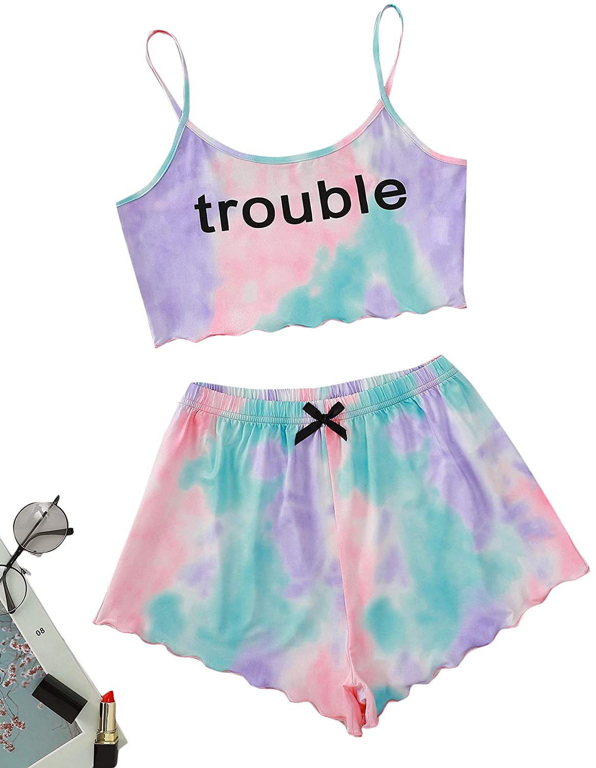 Shein Women'S Cute Cartoon Print Cami Top and Shorts Pajama Set Apparel & Accessories > Clothing > Sleepwear & Loungewear Kylie Max