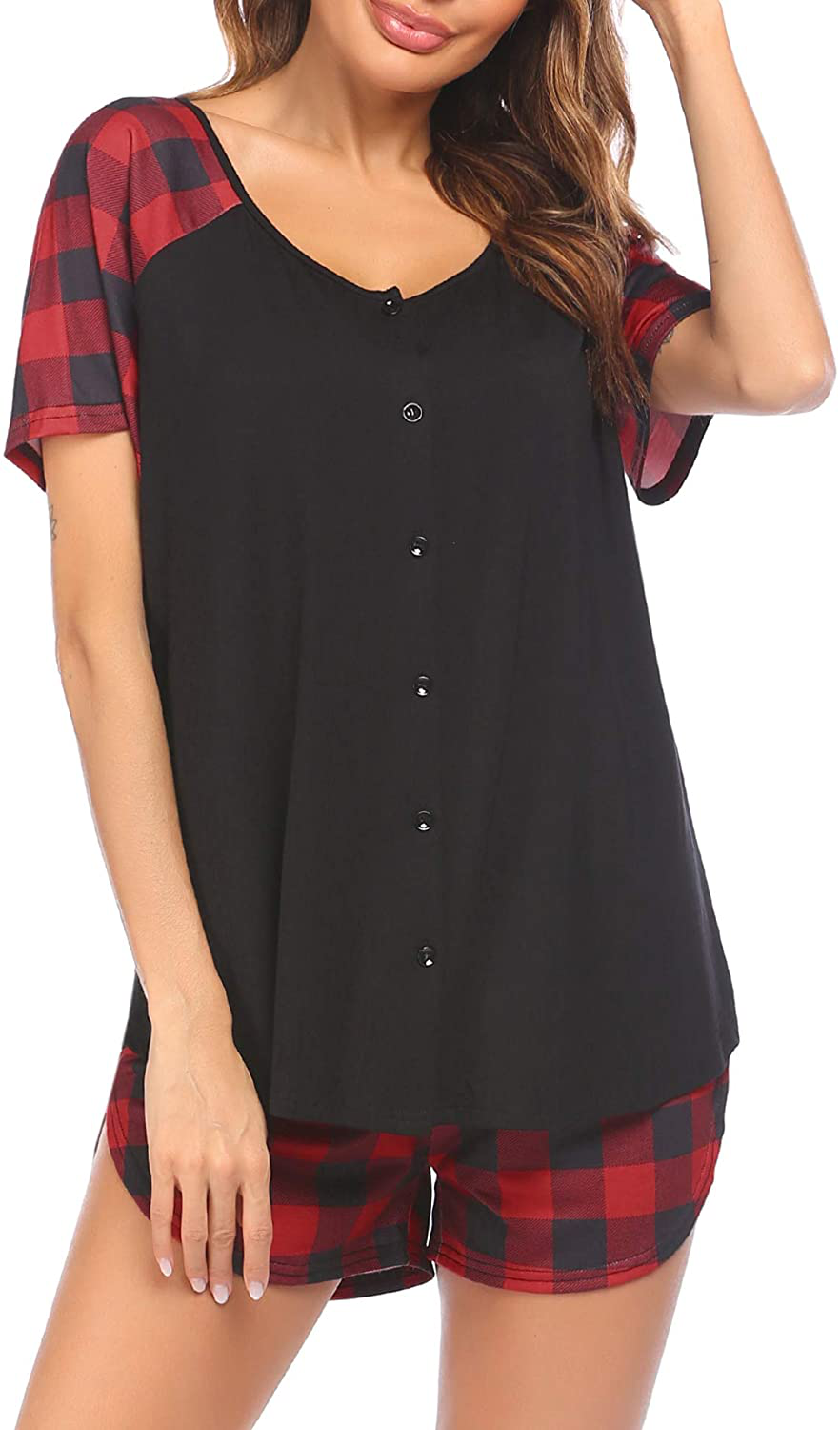 Ekouaer Women's Pajama Short Sleeve Sleepwear Soft Pj Set Top and Shorts Pajamas Set Apparel & Accessories > Clothing > Sleepwear & Loungewear > Pajamas Ekouaer Style 1_red Plaid Small