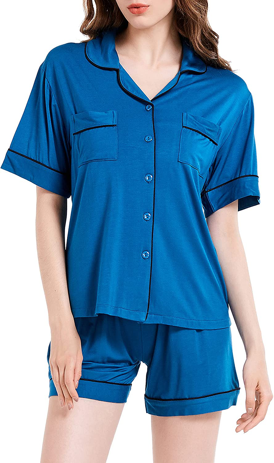 Women's Pajamas Set, Short Sleeve Sleepwear Button-Down Nightwear Soft Pj Lounge Sets Pajamas for Women Apparel & Accessories > Clothing > Sleepwear & Loungewear > Pajamas CULAYII C-dark Blue X-Large
