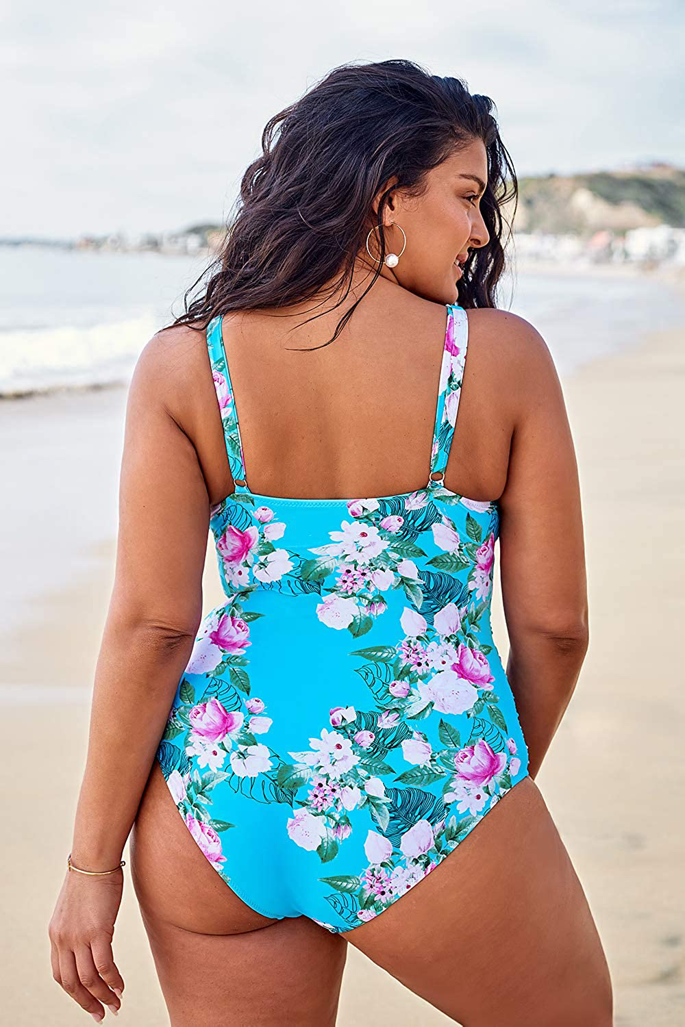 CUPSHE Women'S Blue Floral Strappy Criss Cross plus Size One Piece Swimsuit Apparel & Accessories > Clothing > Swimwear Kylie Max