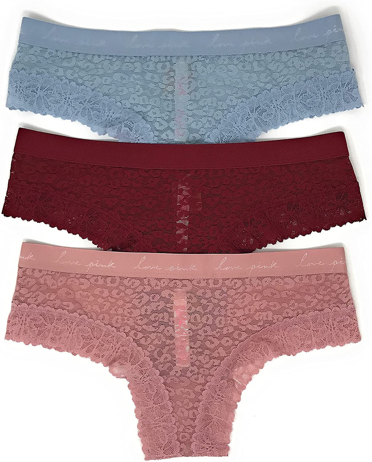 Victoria'S Secret Pink Cheekster Panty Set of 3 Victoria's Secret Lace Lt Teal / Cranberry / Damsel Pink Medium